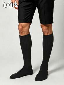 1 Pair Men's Business Vertical Striped Calf Socks, Solid Color Vertical Striped Men's Socks, High Elasticity Breathable Over-The-Knee Socks - Multicolor - View 14