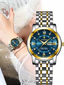 1pc Women's Stainless Steel Blue Dial Elegant Waterproof Luminous Quartz Date Wrist Watch, Fashionable Women's Watch Suitable For Business Occasions - Blue - View 9