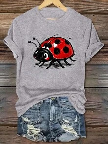(001 # T-Shirt à Col Rond For Women, Some Courtes, Imprimé Coccinelle Amusant, Haut Décontracté Et Polyvalent Pour  Les Jours. - Grey - View 1