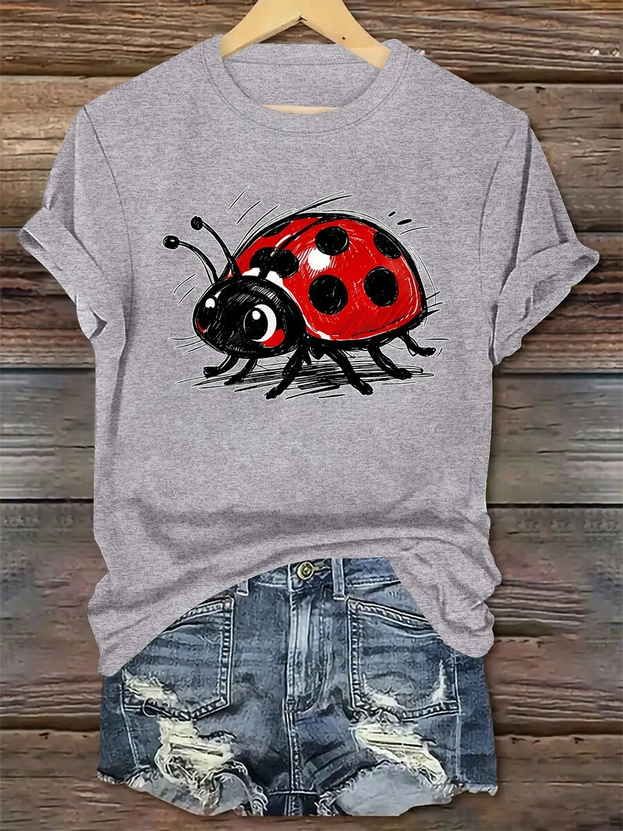(001 # T-Shirt à Col Rond For Women, Some Courtes, Imprimé Coccinelle Amusant, Haut Décontracté Et Polyvalent Pour  Les Jours. - Grey - View 1