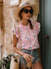 Women's Summer Pink & Multi-Color Abstract Print High Neck Ruffle Sleeve Blouse Casual - Multicolor - View 1
