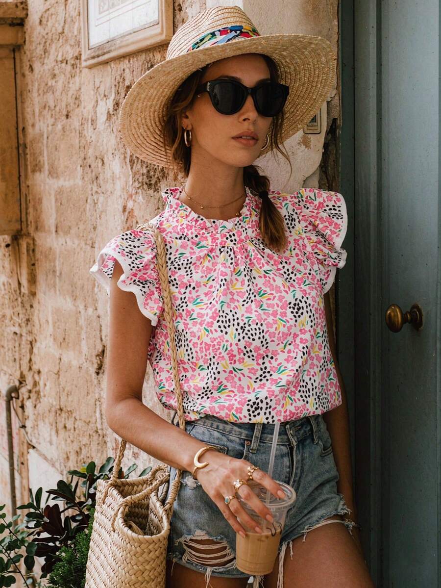 Women's Summer Pink & Multi-Color Abstract Print High Neck Ruffle Sleeve Blouse Casual - Multicolor - View 1