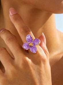 1pc Summer New Vacation Beach Style Elegant Handmade Purple Four-Petal Flower Drip Oil Ring For Women - Purple - View 1