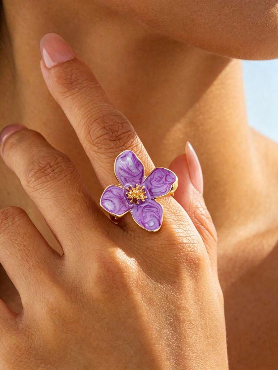 1pc Summer New Vacation Beach Style Elegant Handmade Purple Four-Petal Flower Drip Oil Ring For Women - Purple - View 1