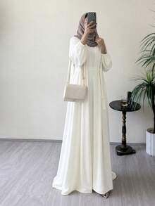 Hafizah Women's Solid Color Kimono Style Arabic Abaya & Long Dress Set, Without Hijab - White - View 3