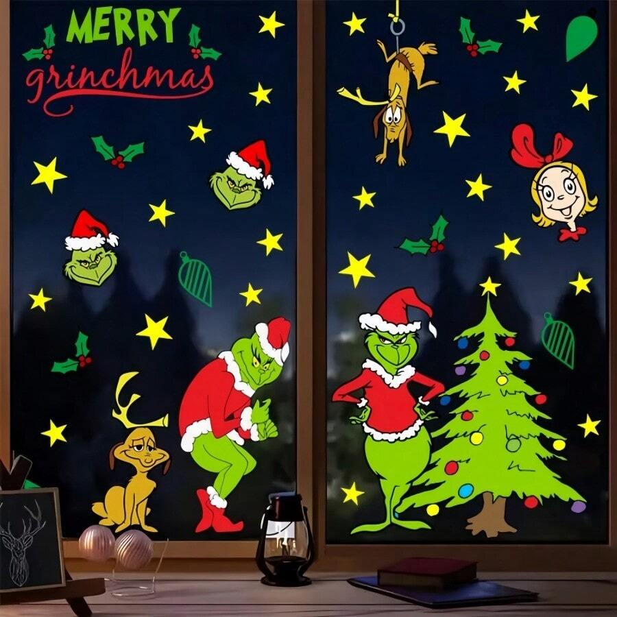 The Grinch 8pcs Christmas Static Window Stickers, Merry Grinchmas Holiday Static Decals, Glue-Free Reusable Glass Stickers For Christmas Home Shop Window Holiday Decoration - Multi-color - View 1