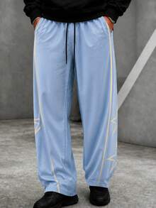 Krometka Men's Side Stripe & Star Print Wide Leg Sweatpants, Drawstring Elastic Waist Loose Straight Leg American Casual Sports Long Pants - Blue - View 1