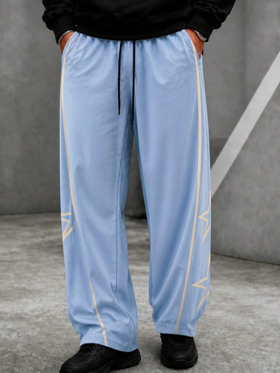 Krometka Men's Side Stripe & Star Print Wide Leg Sweatpants, Drawstring Elastic Waist Loose Straight Leg American Casual Sports Long Pants - Blue - View 1
