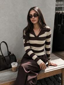 FOR BEAUTY Fall Winter Y2K Elegant Mocha Brown Striped Collar Neck Long Sleeve Soft Ribbed Sweater Tops Women Going Out Vacation Outfits - Multicolor - View 2