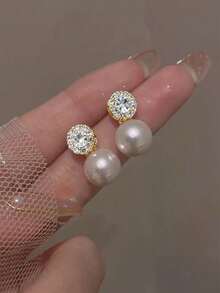 1pair Fashionable Simple & Personalized Design Delicate & Gorgeous White Crystal & Faux Pearl Stud Earrings For Women Jewelry - Multicolor - View 12