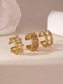 GEREIT 3pcs 18K Stainless Steel Hollow Circle Open Ring Set, Fashionable Daily Wear Jewelry, Mother's Day Gift For Women - Gold - View 2