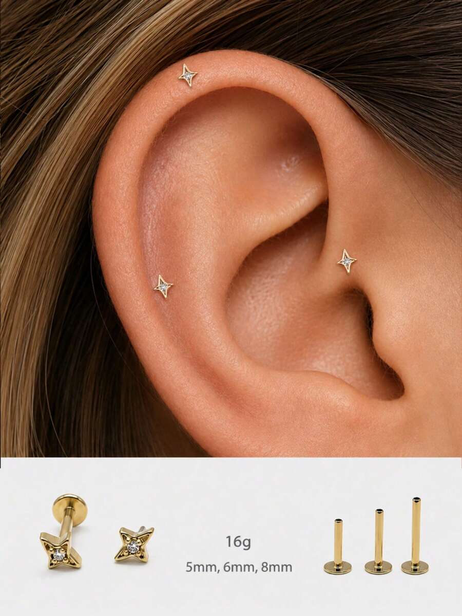 1PC 925 Sterling Silver Dainty Tiny Star 5/6/8mm Flat Back Labret ...