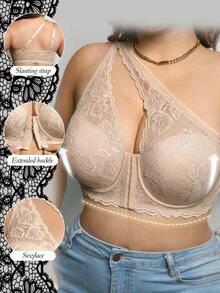 Bra Renda Satu Bahu Asimetris Ukuran Plus, Renda Bunga yang Nyaman dan Bernapas, Penutup Kait & Mata Multi-Baris di Depan, Penyangga Push-Up dengan Kawat Penyangga, Desain Renda di Bagian Belakang - Krem - View 5