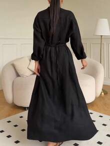 Women's Minimalist Casual Stand Collar Long Sleeve High Slit Robe Top, Solid Color Front Button Waist Tie High Slit To Thigh, Daily Wear And Dating - Black - View 3