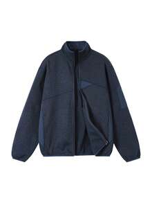 Men's Casual Fleece Patchwork Design Stand Collar Zip-Up Utility Jacket, Minimalist Daily Commute Style, Spring/Autumn - Navy Blue - View 3