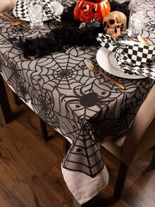 Halloween Tablecloth, Spider Web Lace Tablecloth, Black Lace Gothic Halloween Decor, Spider Web Tablecloth Black Tablecloth, Rectangular Halloween Tablecloth, Suitable For Party Gothic Horror Home Decor - Black - View 6