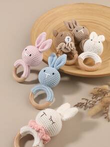 1pc Handmade Crochet Beech Wood Ring Rattle Bunny Bear Handheld Toy, Pink, Blue, White, Khaki, Camel - Multicolor - View 2