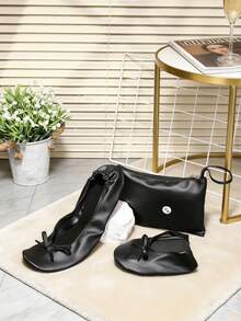 Sepatu Balet Lipat Portabel Datar Hitam Wanita - Hitam - View 5