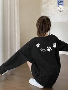 Women's Fashion Autumn/Winter Loose Minimalist Versatile Cat Paw Cartoon Print Long Sleeve T-Shirt - Black - View 1