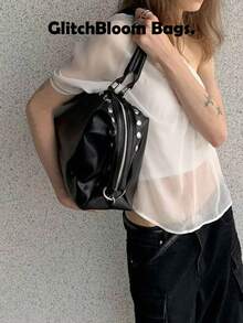 Y2K Black Rivet Shoulder Bag, Soft Slouchy PU Leather Handbag With Silver Rivets, Vintage Motorcycle Style Women's Daily Party Bag - Black - View 3