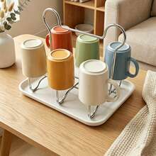 1pc 6‑Cup Stainless Steel Cup Drying Rack, Detachable Drip Tray With Handle, Kitchen Countertop Mug Storage Organizer - Multicolor - View 7