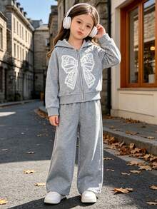 Galaxy Graffiti Autumn Fashion Outfit 4-7 Size Girls Set, Capybara Drinking Milk Tea Print Sweatshirt + Flare Pants Set, Sweet Ruffle Sleeve Top, Suitable For Spring/Summer School, Family Outings And Daily Casual Sports - Grey - View 3
