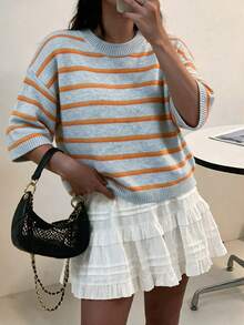 Women's Round Neck Contrast Color Striped Short Sleeve Knit Top, Colorblock Drop Shoulder Loose Casual Versatile Fashion Sweater, Autumn/Winter - Multicolor - View 7
