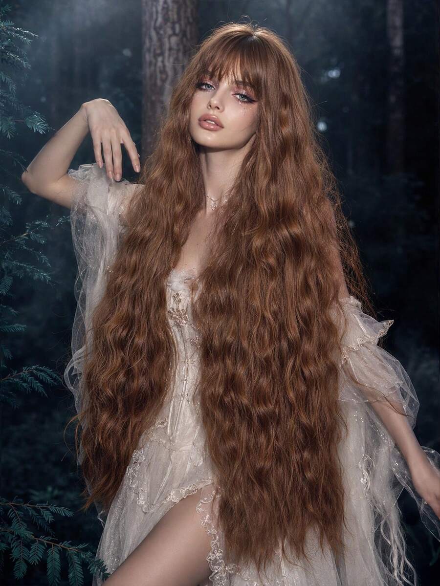 45 Inch Extra Long Synthetic Deep Wave Wig, Chestnut Brown With Bangs, Voluminous Long Wavy Hairstyle, Natural Style Accessory, Suitable For Daily Wear, Party, Halloween And Christmas - Mocha Brown - View 1
