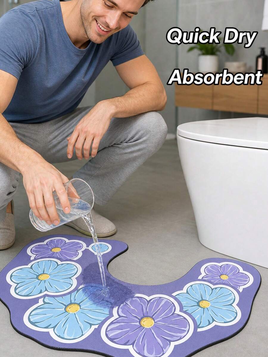 U-Shaped Suitable For Bathroom , Toilet Lid Lifter,Quick-Dry Non-Slip Diatomite Floor With Soft Backing & Low-Profile Design, Water Absorbent Shower Mat For Bathtub, Sink, Shower Door - A - View 1