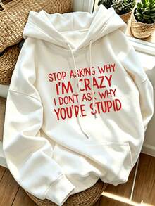 Autumn Vacation New Fashion Versatile Minimalist Casual Personalized Fun Quote Print Crew Neck Long Sleeve Hooded Sweatshirt For Women - White - View 1