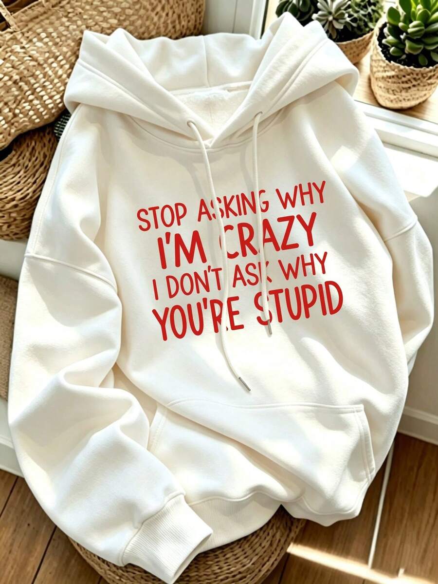 Autumn Vacation New Fashion Versatile Minimalist Casual Personalized Fun Quote Print Crew Neck Long Sleeve Hooded Sweatshirt For Women - White - View 1