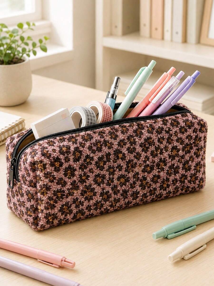 Campus Style Maillard Leopard Print Plush Pencil Case/Stationery Storage Bag - Multi-Functional Large Capacity Design, Suitable For Storing Office Supplies, Creative Multi-Purpose Pen Holder Or Portable Travel Makeup Bag, Ideal For Students And Adults Daily Use. Leopard Print Direction And Density Random - Multicolor - View 1