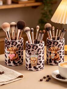 Leopard Print Highland Cattle Makeup Brush Holder, Makeup Storage Box, Makeup Tool Storage, Multifunctional Makeup Holder, Leopard Print Cute Storage Box, Desktop, Dressing Table, Lobby, Living Room Decoration, Gifts For Friends - Multicolor - View 2