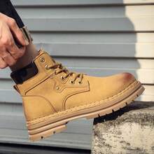 Men's Vintage Distressed High-Top Ankle Boots Lace-Up Thick Sole Outdoor Hiking Combat Boots - Yellow - View 3