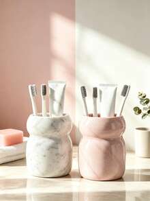 Elegant Marble‑Print Toothbrush Holder, Decorative Bathroom Vanity Counter Storage Cup For Toothpaste, Cosmetic Brushes Bathroom Accessory - Waist Cincher - View 5