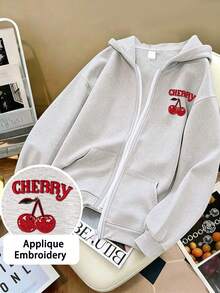 Sweet Girl Zipper Hoodie Jacket, Cherry CHERRY Applique Embroidery Loose Full Zip Sweatshirt With Kangaroo Pocket, Spring/Autumn - Light Grey - View 1