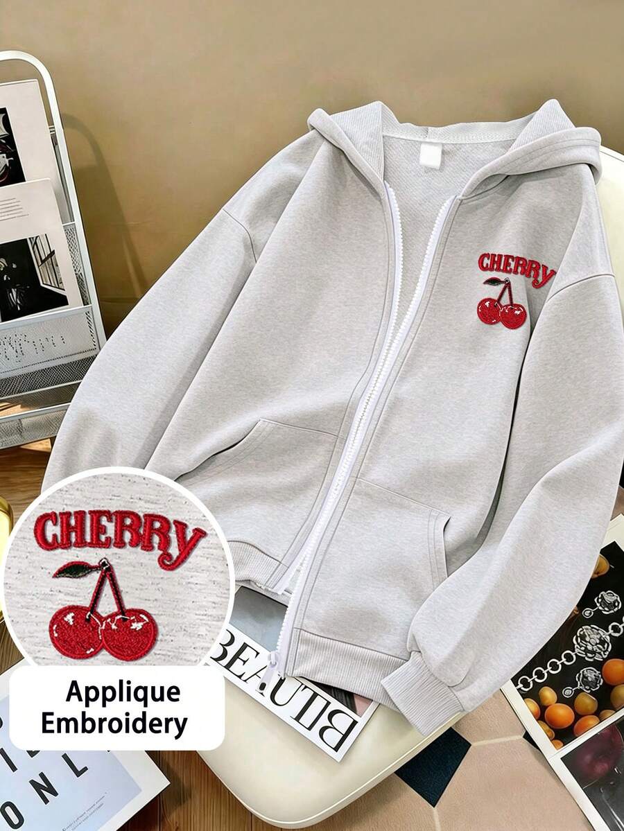 Sweet Girl Zipper Hoodie Jacket, Cherry CHERRY Applique Embroidery Loose Full Zip Sweatshirt With Kangaroo Pocket, Spring/Autumn - Light Grey - View 1