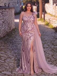 Haute Glamour Plus Plus Size Glamorous One-Shoulder Ruffle Slit Thigh Beaded Formal Dress & Evening Gown - Mauve Purple - View 5