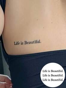「Life Is Beautiful」名言臨時紋身貼 防水持久 假身體藝術貼紙 勵志襯線字體字母紋身貼 適用鎖骨、肋骨，女款男款成人通用 - 黑色 - 查看 4