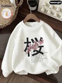 Autumn Girls Hoodie With Pink Sakura Print And Japanese Lettering, Long Sleeve Crew Neck, Loose Fit - White - View 2