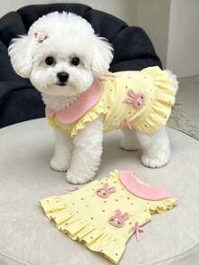 1pc Pet Dog Clothes Spring/Autumn Sweet Cute Flutter Sleeve Princess Dress For Teddy Bichon Pomeranian Small/Medium Dogs, Dog Flutter Sleeve Lace Princess Dress For Teddy Bichon Small Dogs, Stylish 3D Cute Rabbit Dress - Yellow - View 9