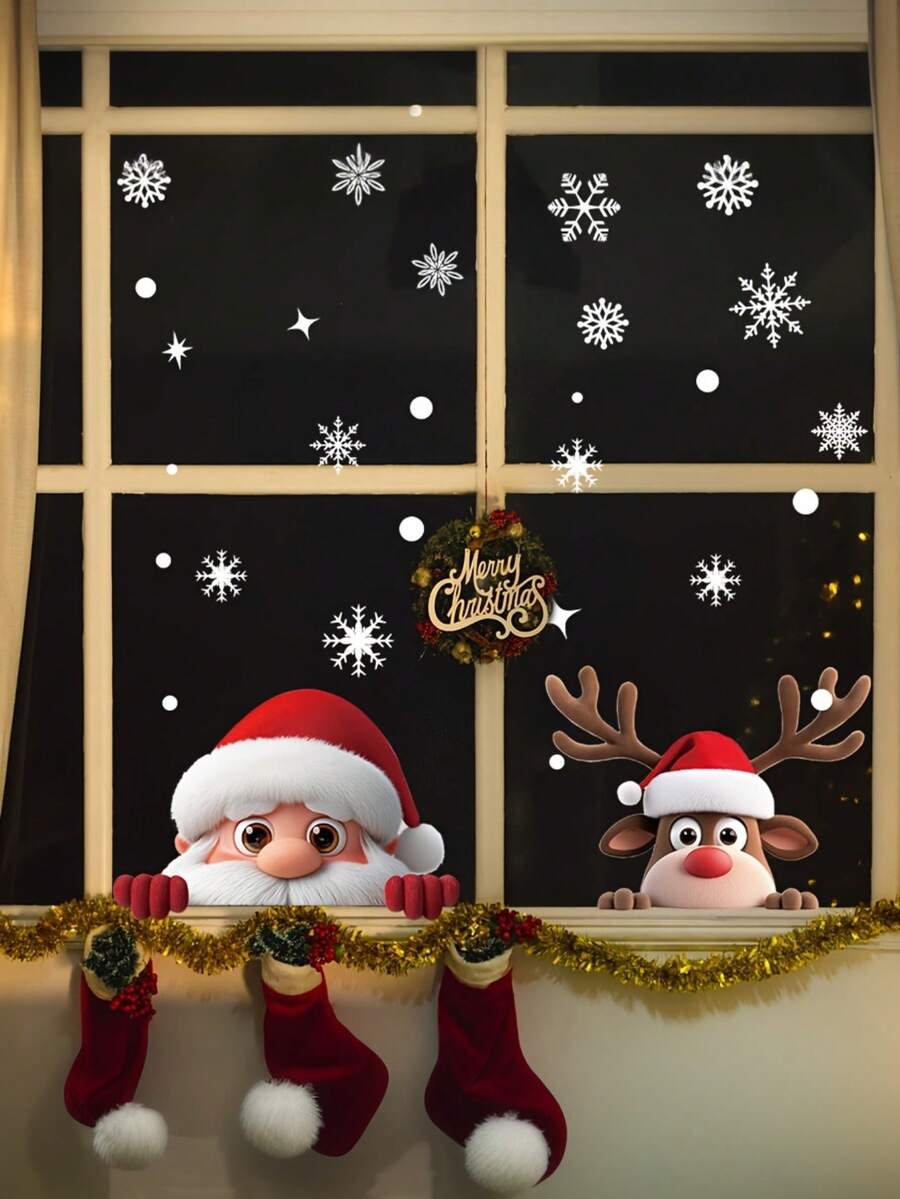 1 Set Christmas Snowflake Glass Window Stickers, Christmas Sticker Decor, Holiday Snowflake Santa Claus Reindeer Snowman Stickers, Christmas Decoration Stickers, Holiday Party Decor, Christmas - A - View 1