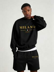 Men's Spring/Autumn Minimalist Gold Milan Print Letter Crew Neck Long Sleeve Sweatshirt And Shorts Casual Set - Black - View 1