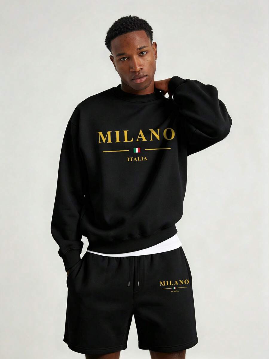 Men's Spring/Autumn Minimalist Gold Milan Print Letter Crew Neck Long Sleeve Sweatshirt And Shorts Casual Set - Black - View 1