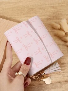Fashion Bow Printed Women's Short Wallet, Portable Metal Heart-Shaped Tassel Decoration Three Fold Wallet, Suitable For Outdoor And Travel - Pink - View 11