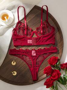 Red Butterfly Embroidery Sheer Mesh Lingerie Set,Adjustable Thin Strap Underwire Bra Strappy Waist Decor Semi-Transparent Matching Thong - Red - View 2