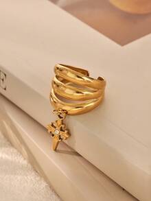 1Pc Vintage Triple Band Open Ring With Cross Charm, Stainless Steel Ring, Gold Ring, Edgy Punk Style Jewelry For Party, Christmas Gift - Multicolor - View 1
