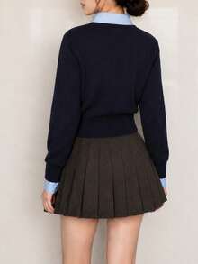 Women's Winter Casual Elegant Minimalist Woven Colorblock Patchwork Cardigan Knit Sweater - Navy Blue - View 2