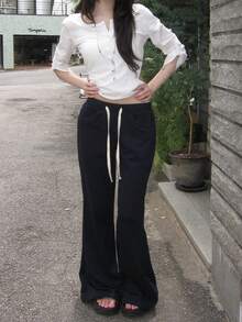 Korean Style Minimalist Multi-Button Adjustable Half-Open Collar 3/4 Sleeve T-Shirt - White - View 6