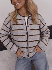 Women Retro Round Neck Contrast Stripe Long Sleeve Sweater Cardigan Color Block Drop Shoulder Sweater–Fall Winter Loose Casual Versatile Fashion - Multicolor - View 8